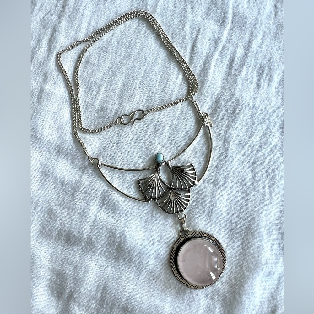 925 ORNATE Rose Quartz + Larimar Necklace Pendant - Picture 8 of 10